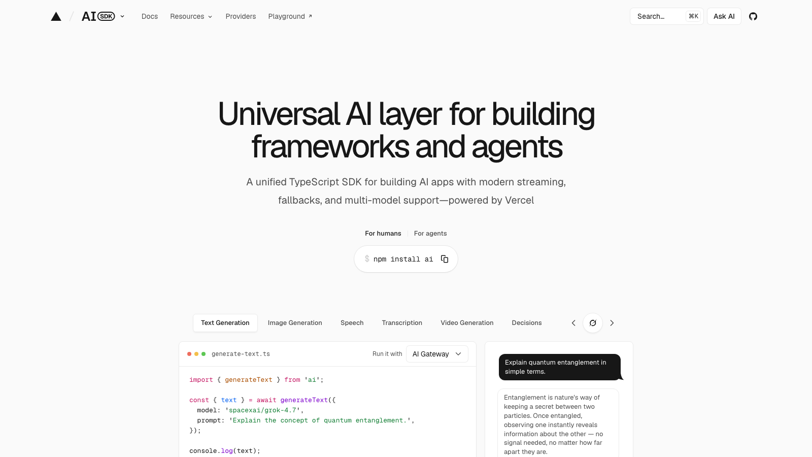 The first screen of the AI SDK website